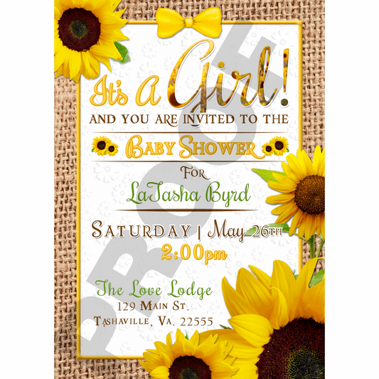 Burlap Sunflower Theme Baby Shower Invitations with envelopes (5 in. x 7 in.) - Wilson Design Group
