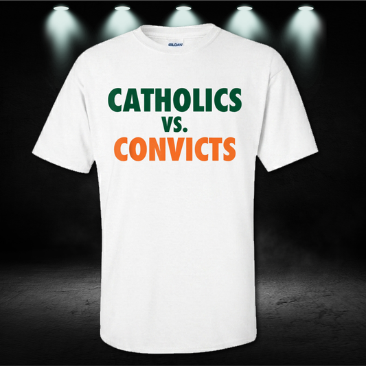 Catholics vs Convicts Shirt | Vintage 1988 College Football Graphic Tee | Notre Dame vs Miami Game Day Tailgate Apparel