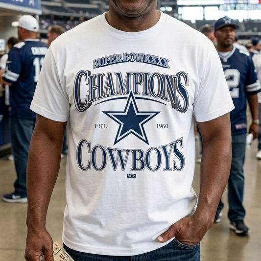 A smiling man wearing a Dallas Cowboys championship t-shirt and cap stands in an AT&T Stadium crowd, holding a ticket.
