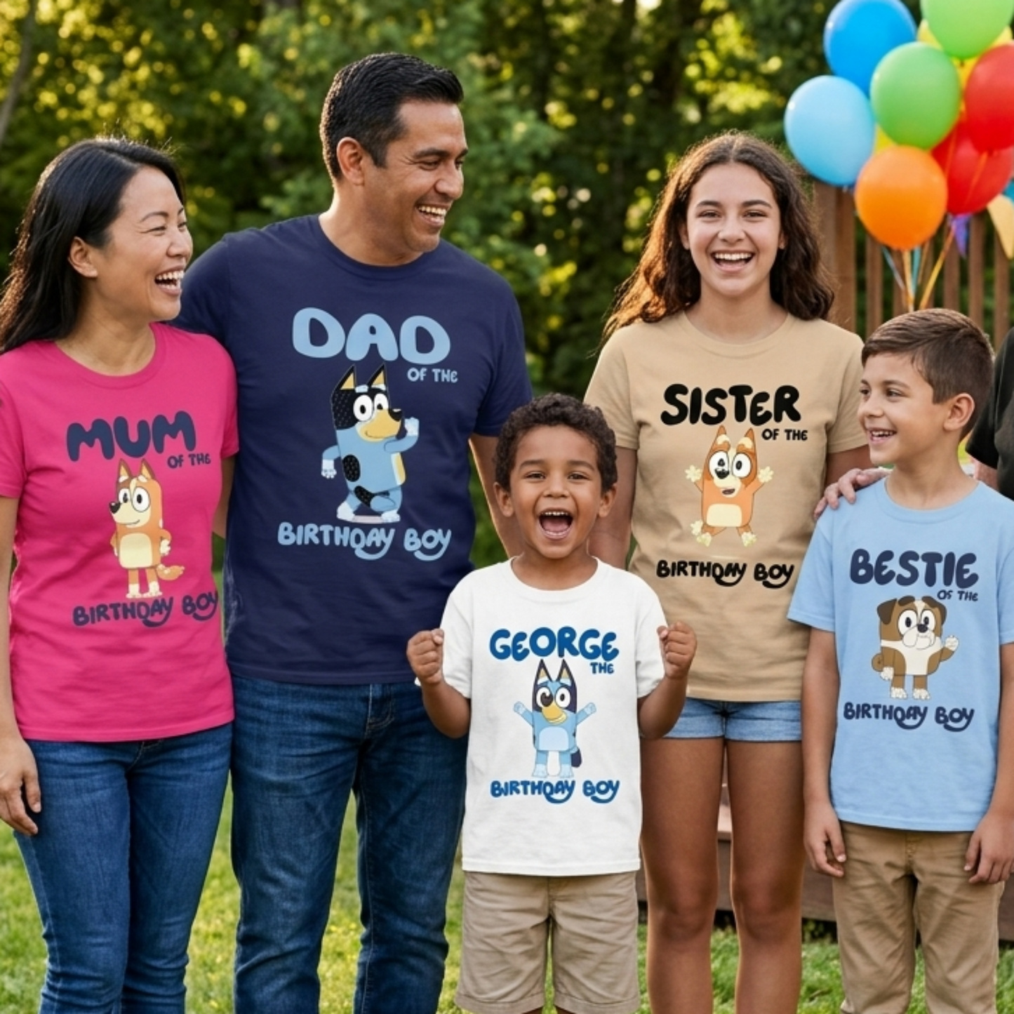 A family of six stands together outdoors on grass in front of trees, wearing matching cartoon-themed birthday shirts. The shirts read 'Mum', 'Dad of the Birthday Boy', 'Sister', 'Bestie', and 'Brother' with cartoon characters and the text 'Happy Birthday'.