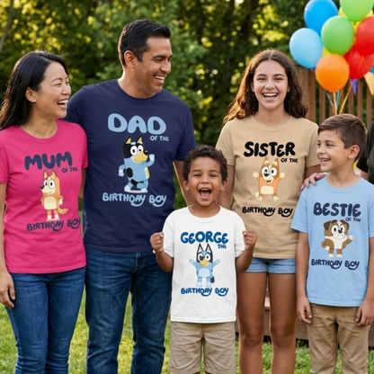 A family of six stands together outdoors on grass in front of trees, wearing matching cartoon-themed birthday shirts. The shirts read 'Mum', 'Dad of the Birthday Boy', 'Sister', 'Bestie', and 'Brother' with cartoon characters and the text 'Happy Birthday'.