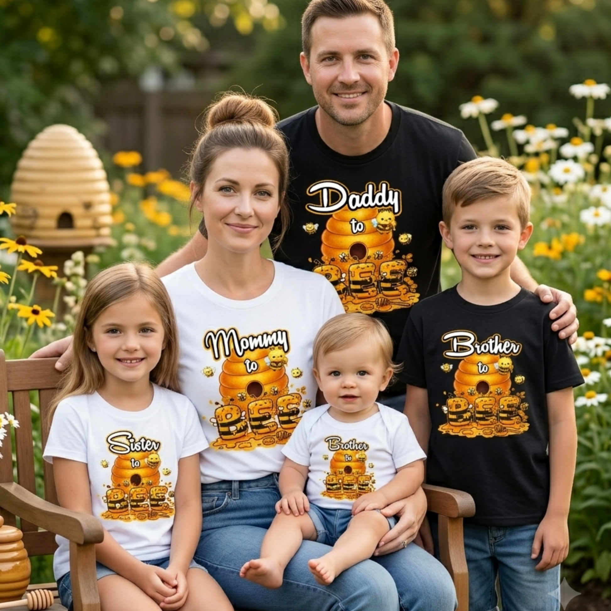 Family of five wearing matching shirts with honeybee designs in a garden setting.