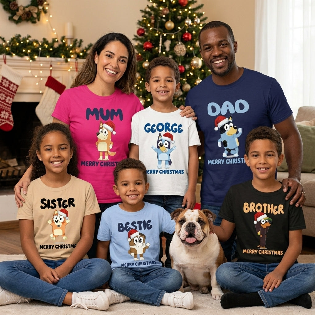 Custom Bluey Christmas Family Shirts | Personalized Family Holiday T-Shirt | Pick Your Bluey Character Matching Shirt Set