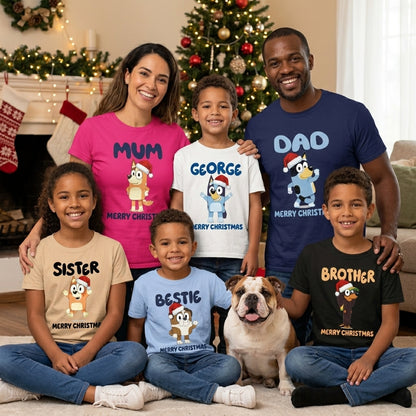 Custom Bluey Christmas Family Shirts | Personalized Family Holiday T-Shirt | Pick Your Bluey Character Matching Shirt Set