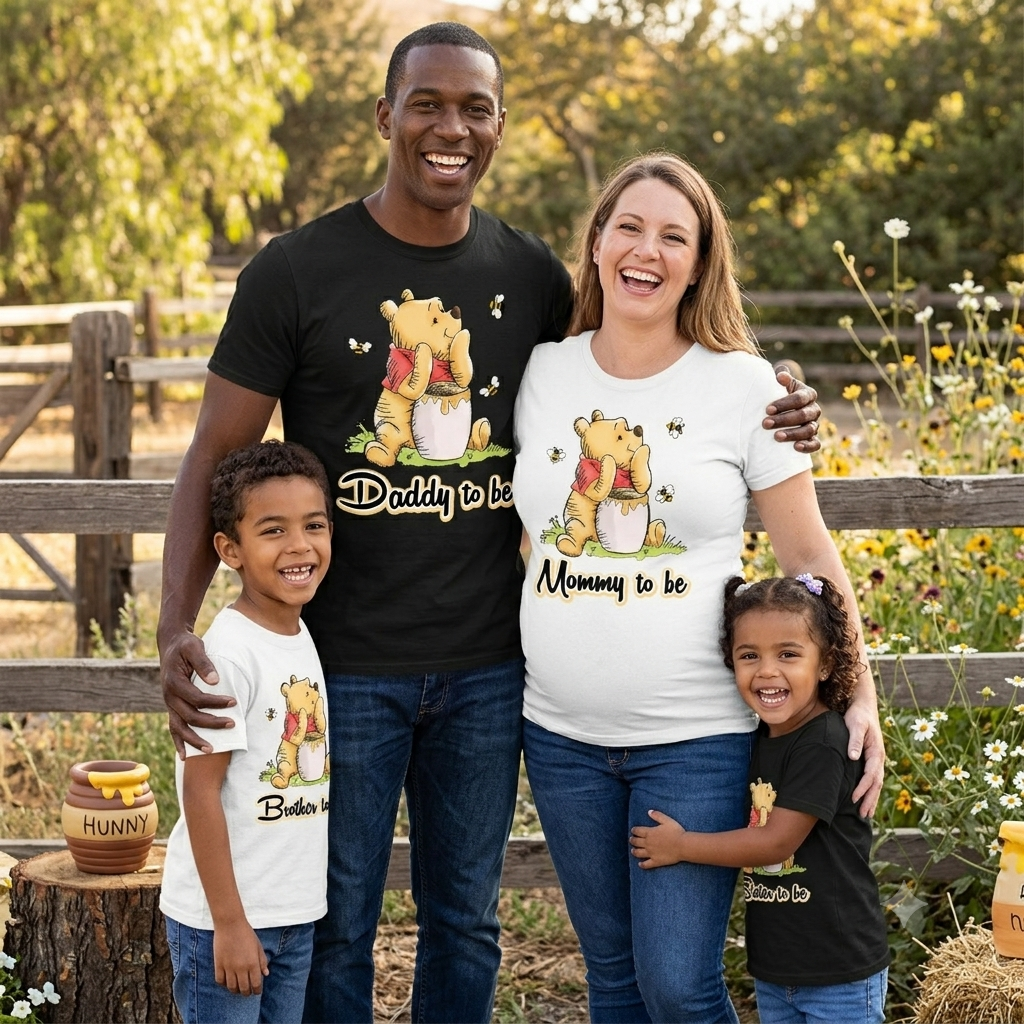 Winnie the Pooh Baby Shower Shirts | Classic Pooh Gender Reveal T-Shirts | Custom Family Matching Baby Shower Tees | Mom & Dad to Be Pooh Shirt