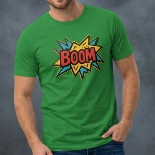 Man wearing a green t-shirt with a colorful 'BOOM' design on a dark background