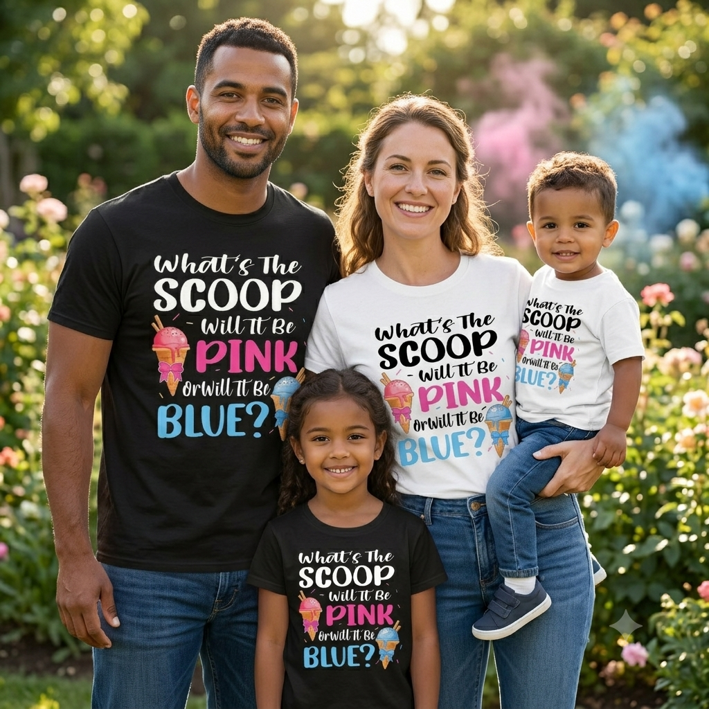 Ice Cream Family Matching Shirts - What's The Scoop Baby Shower Shirts - Icecream Theme Gender Reveal Tshirt Set, Mommy Daddy Sibling Kids Tee