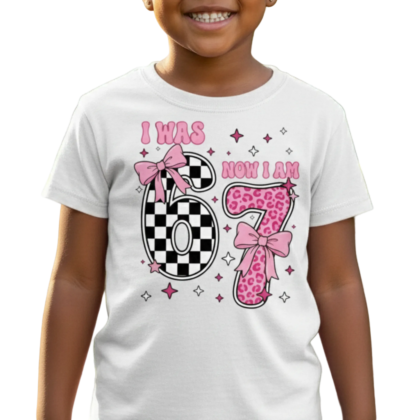 I Was 6 Now I Am 7 Shirt | Girl's 7th Birthday Shirt | Trendy Pink Bow Leopard & Checkered Tee |  7 Year Old Bday Gift