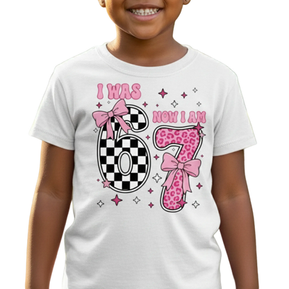 I Was 6 Now I Am 7 Shirt | Girl's 7th Birthday Shirt | Trendy Pink Bow Leopard & Checkered Tee |  7 Year Old Bday Gift