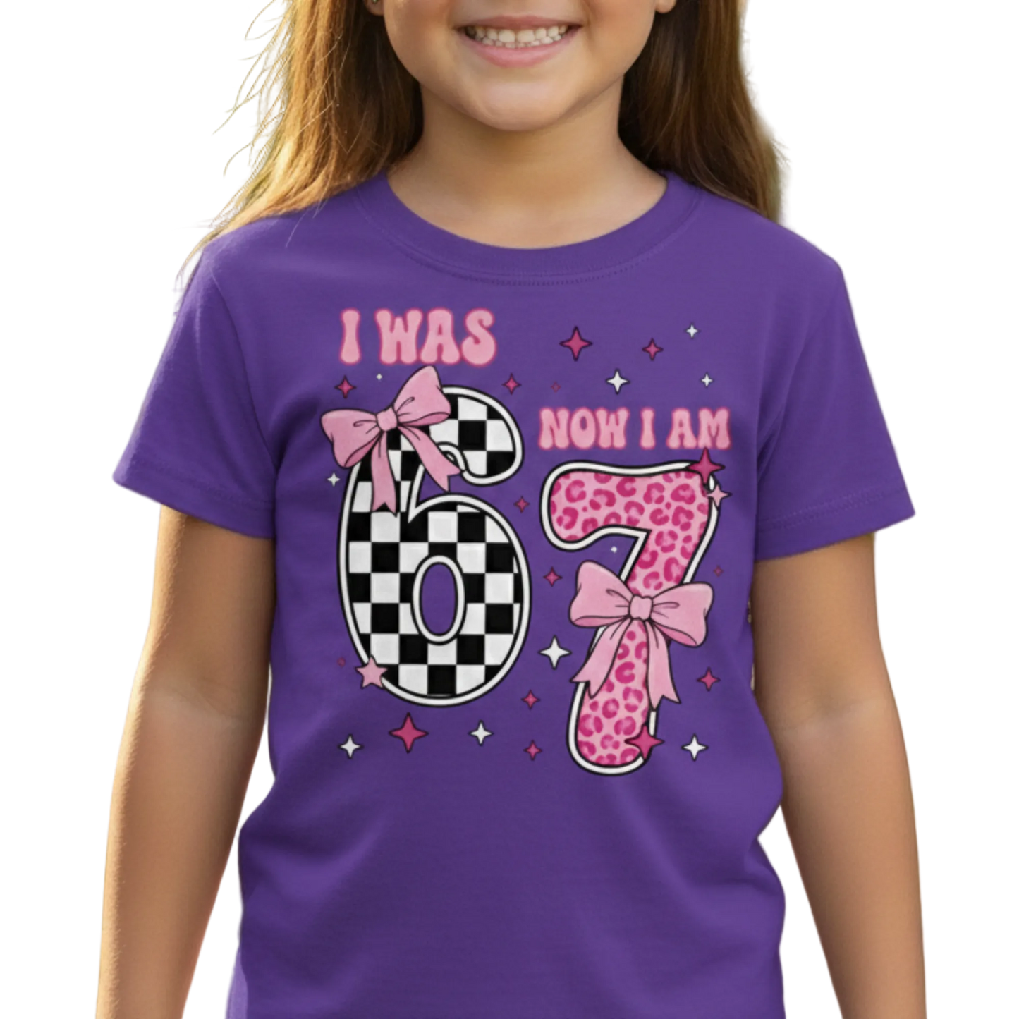I Was 6 Now I Am 7 Shirt | Girl's 7th Birthday Shirt | Trendy Pink Bow Leopard & Checkered Tee |  7 Year Old Bday Gift