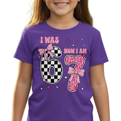 I Was 6 Now I Am 7 Shirt | Girl's 7th Birthday Shirt | Trendy Pink Bow Leopard & Checkered Tee |  7 Year Old Bday Gift