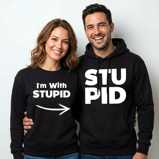 I'm With Stupid Shirt - Matching Couples T-Shirts - Hilarious His & Hers Graphic Tees - Funny Anniversary and Date Night T-Shirts