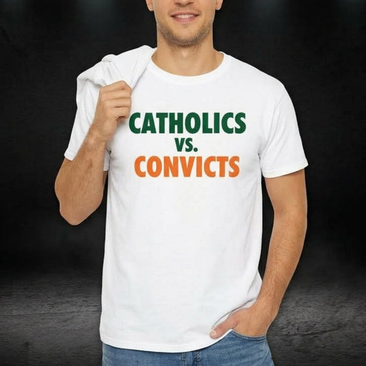 Catholics vs Convicts Shirt | Vintage 1988 College Football Graphic Tee | Notre Dame vs Miami Game Day Tailgate Apparel