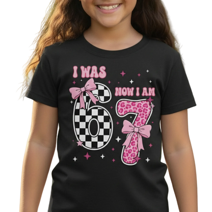 I Was 6 Now I Am 7 Shirt | Girl's 7th Birthday Shirt | Trendy Pink Bow Leopard & Checkered Tee |  7 Year Old Bday Gift