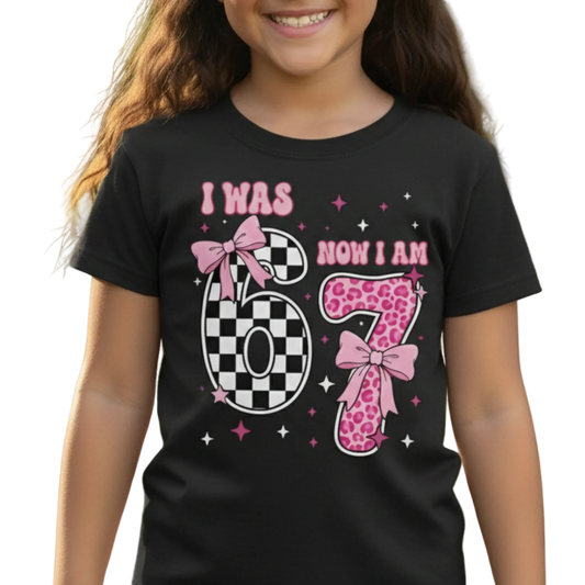 I Was 6 Now I Am 7 Shirt | Girl's 7th Birthday Shirt | Trendy Pink Bow Leopard & Checkered Tee |  7 Year Old Bday Gift