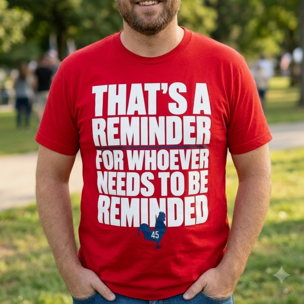 A smiling man wearing a bright red graphic t-shirt with bold white text that reads 'THAT'S A REMINDER FOR WHOEVER NEEDS TO BE REMINDED' and a small blue hand icon, standing outdoors in a park-like setting with blurred trees and people in the background.