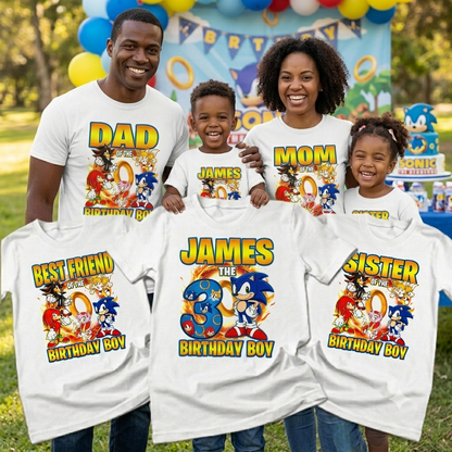 A family of five wearing white custom graphic T-shirts featuring Sonic the Hedgehog characters and birthday text, standing outdoors in front of a party backdrop. In the foreground, three large close-ups show the shirt designs for 'Best Friend', 'The 3rd', and 'Sister'.