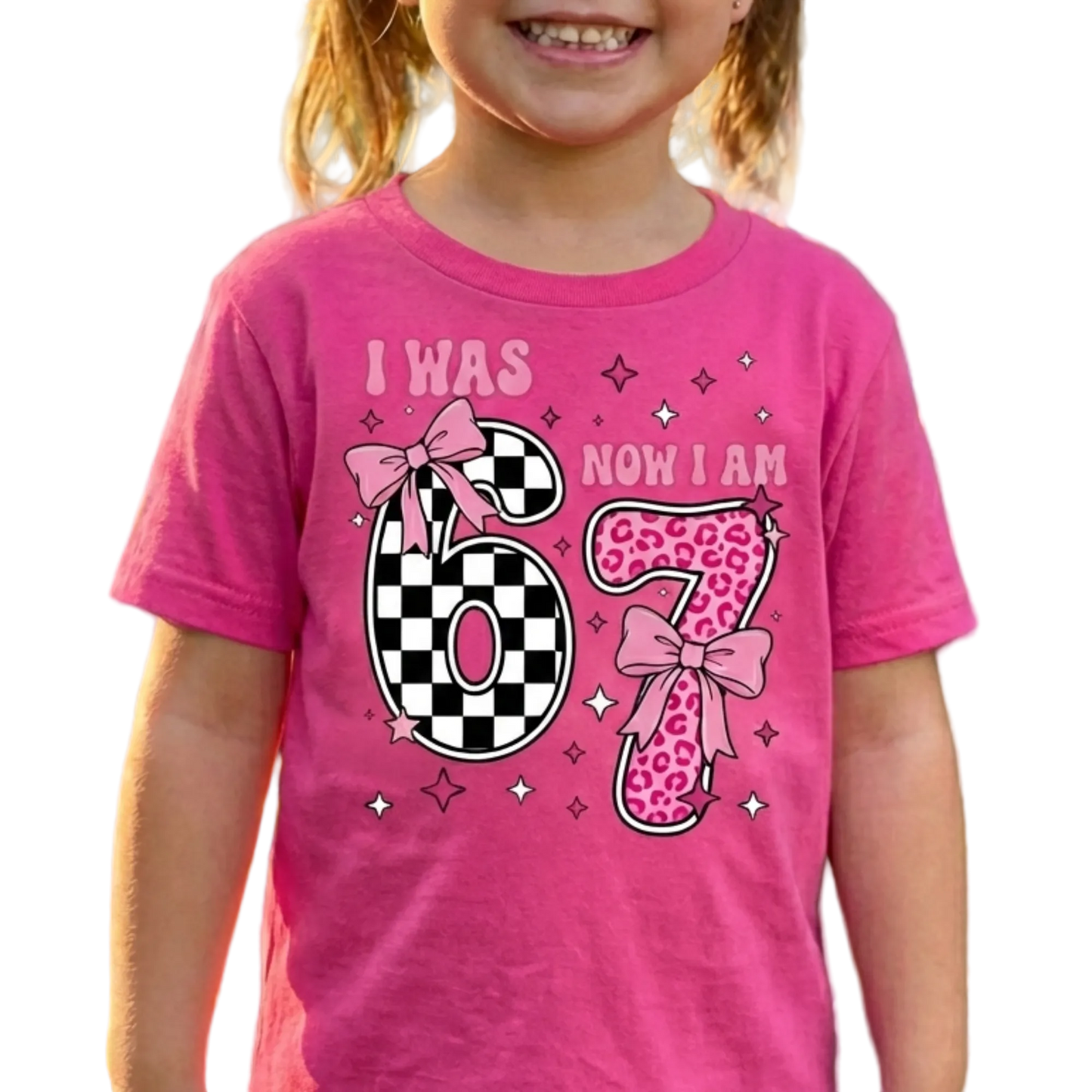 I Was 6 Now I Am 7 Shirt | Girl's 7th Birthday Shirt | Trendy Pink Bow Leopard & Checkered Tee |  7 Year Old Bday Gift