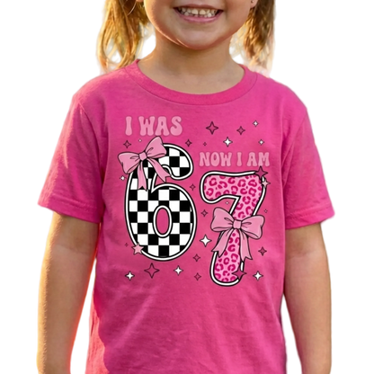 I Was 6 Now I Am 7 Shirt | Girl's 7th Birthday Shirt | Trendy Pink Bow Leopard & Checkered Tee |  7 Year Old Bday Gift
