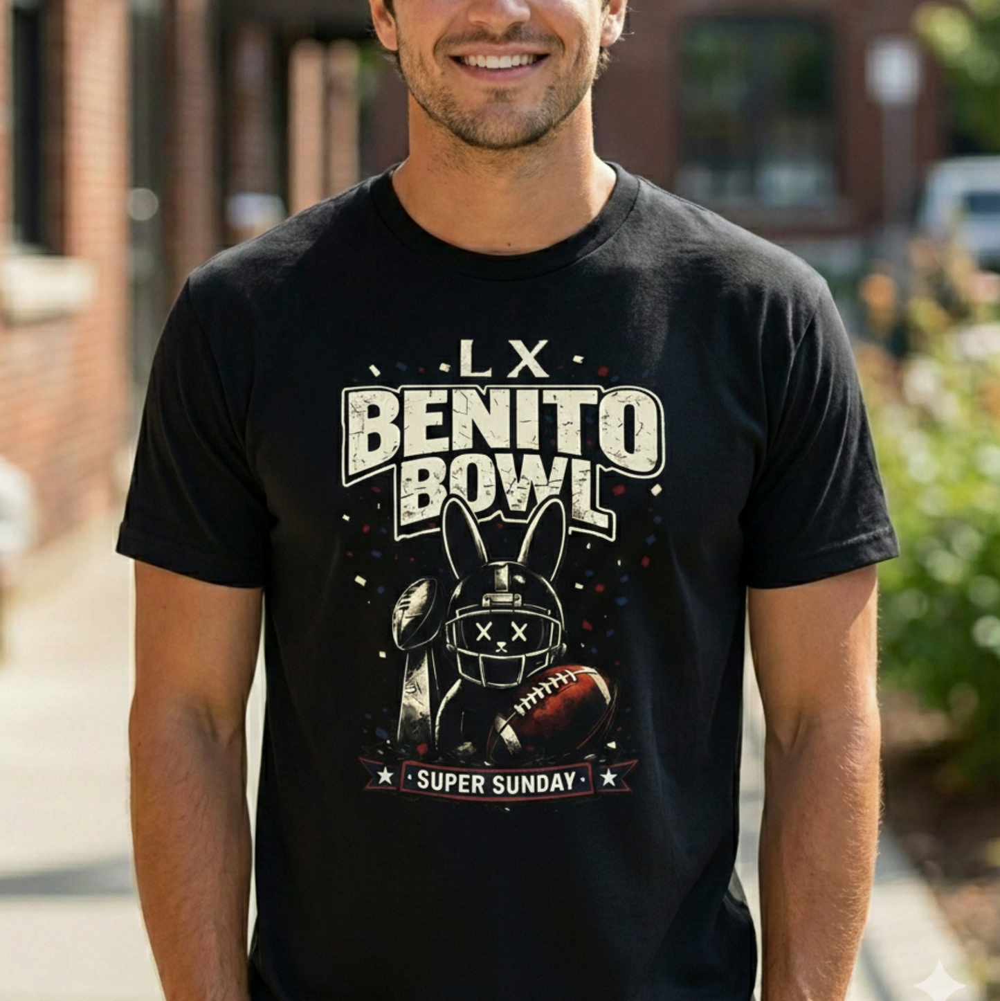 Benito Bowl LX Super Sunday 2026 T-Shirt - Bad Bunny Inspired Football Fan Graphic Tee - Premium Black Streetwear Shirt