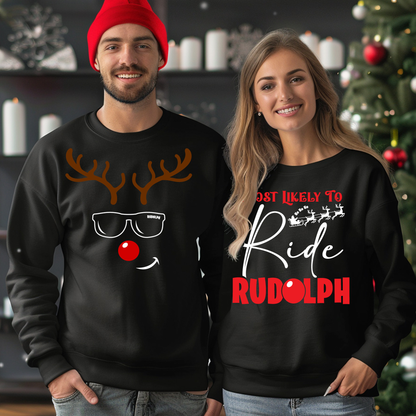 Rudolph Matching Couple Christmas Shirts - Red Nose Reindeer Holiday Tees for Him & Her