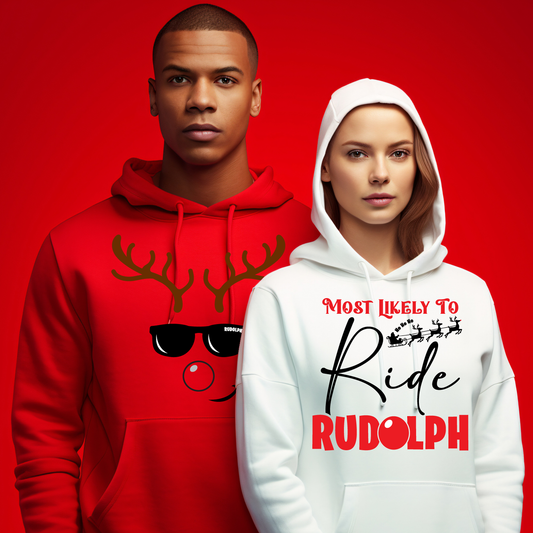 Rudolph Matching Couple Christmas Shirts - Red Nose Reindeer Holiday Tees for Him & Her
