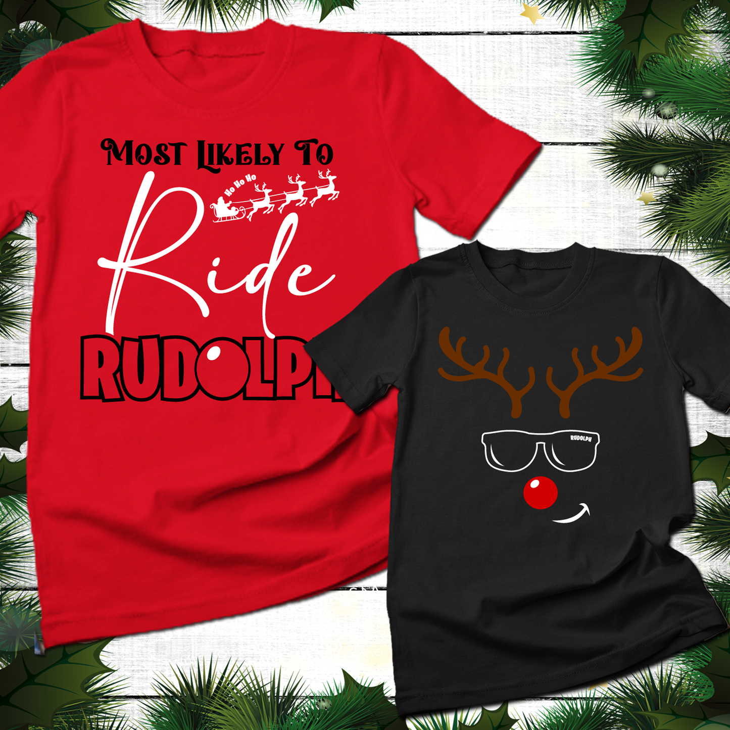 Rudolph Matching Couple Christmas Shirts - Red Nose Reindeer Holiday Tees for Him & Her