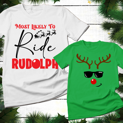 Rudolph Matching Couple Christmas Shirts - Red Nose Reindeer Holiday Tees for Him & Her