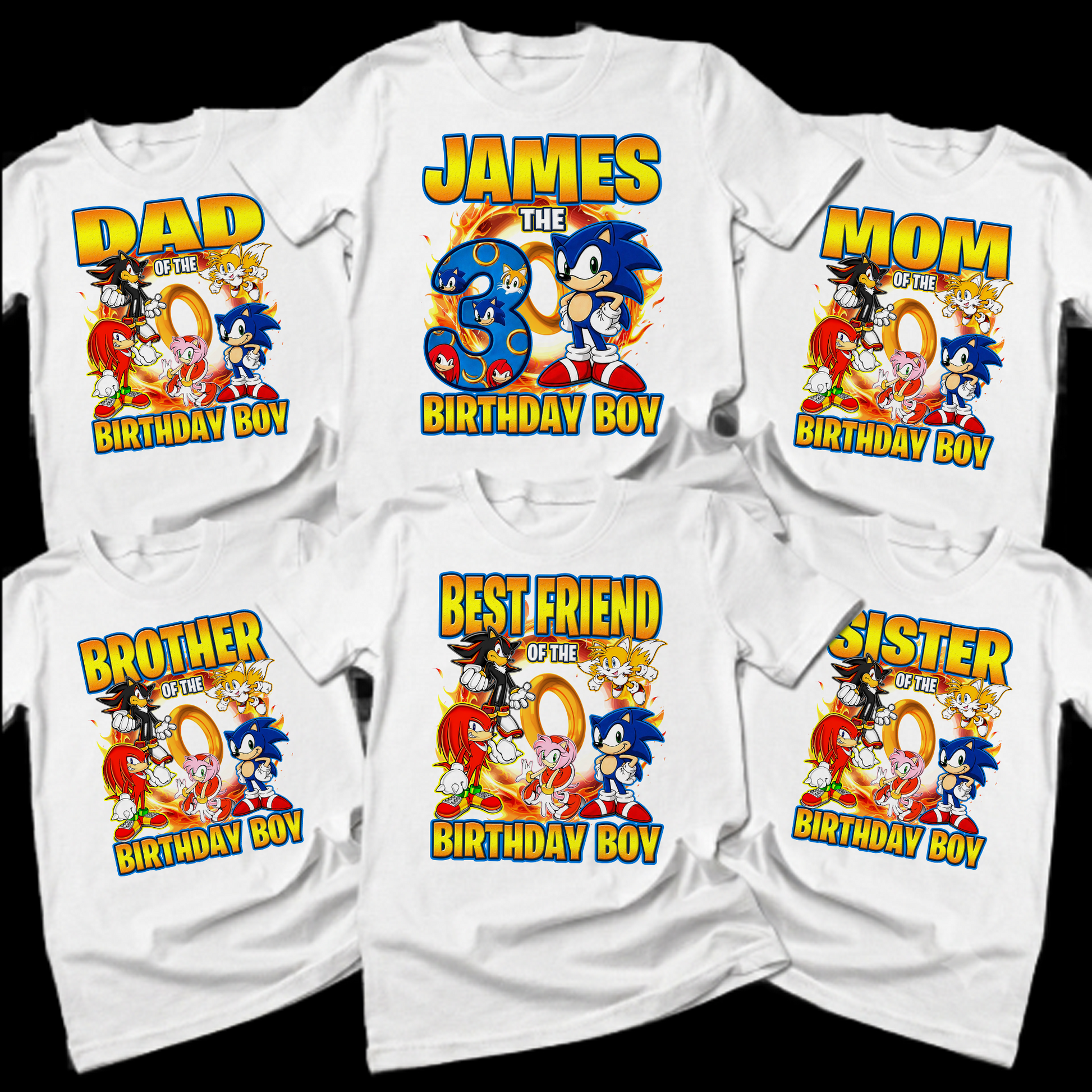 Six white t-shirts arranged in two rows on a black background, each printed with a colorful birthday graphic featuring Sonic the Hedgehog characters and text such as 'Dad's Birthday Boy,' 'James the 3rd Birthday Boy,' 'Mom's Birthday Boy,' 'Brother's Birthday Boy,' 'Best Friend of the Birthday Boy,' and 'Sister's Birthday Boy.'.