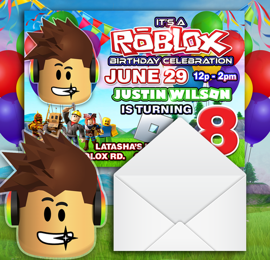 Personalized Glossy Roblox Birthday Boy Invitations with envelopes ( 5 in. x 7 in.) - Wilson Design Group