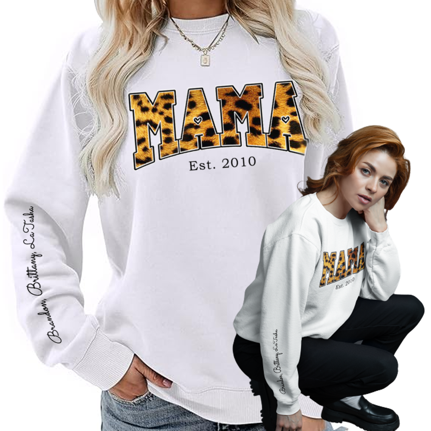 Personalized Mama Est Cheetah print Sweatshirt with Kid Names on Sleeve, Christmas Gifts, Birthday Gift for Mom, New Mom Gift, Mothers Day Gift - Wilson Design Group