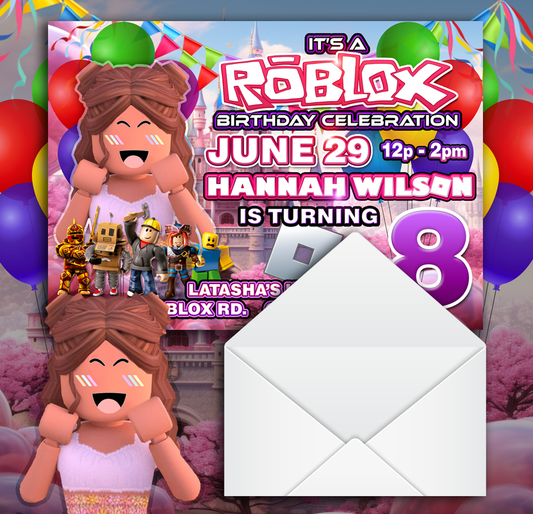 Personalized Glossy Roblox Birthday Girl Invitations with envelopes ( 5 in. x 7 in.) - Wilson Design Group