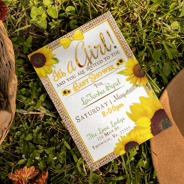 Burlap Sunflower Theme Baby Shower Invitations with envelopes (5 in. x 7 in.) - Wilson Design Group