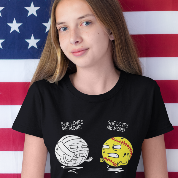 She loves me More!!!  Volleyball vs. Softball T-Shirt - Wilson Design Group