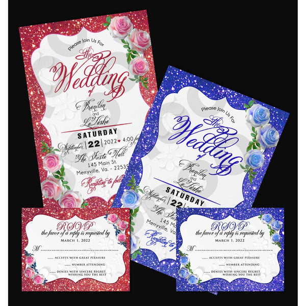 Custom Glitter Wedding Invitation RSVP card set with Flowers - Wilson Design Group