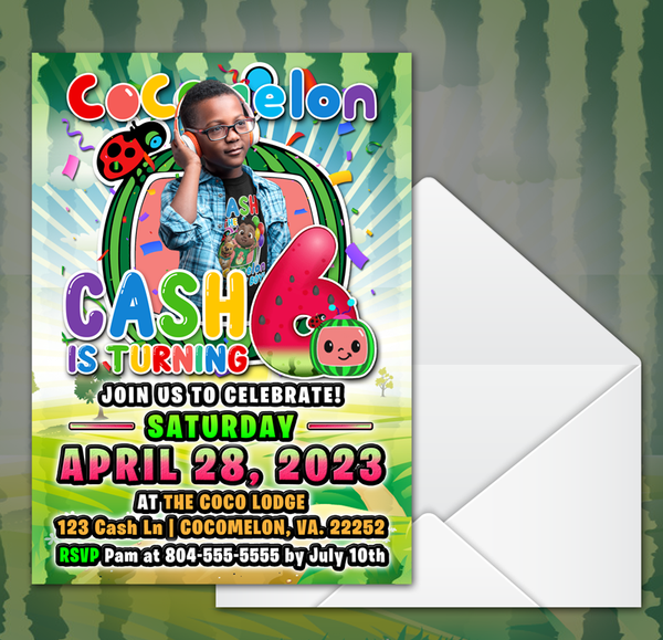 Personalized (Add a Photo) Cocomelon Birthday Invitations with envelopes ( 5 in. x 7 in.) - Wilson Design Group