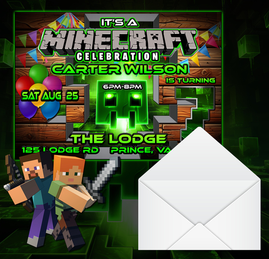 Personalized Glossy Minecraft Birthday Boy Invitations with envelopes ( 5 in. x 7 in.) - Wilson Design Group