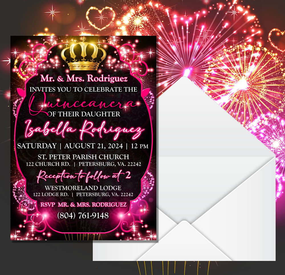 Pink Fireworks Elegant Quinceanera invitations, quince invitations, quiceañera invitations 5 in. x 7 in. Invitations with envelopes - Wilson Design Group