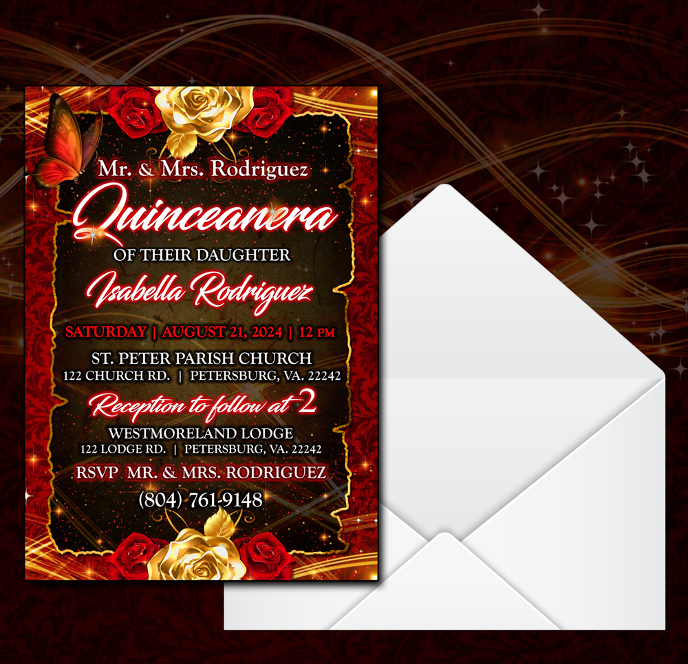 Red and Gold Elegant Butterfly Quinceanera invitations, quince invitations, quiceañera invitations 5 in. x 7 in. Invitations with envelopes - Wilson Design Group