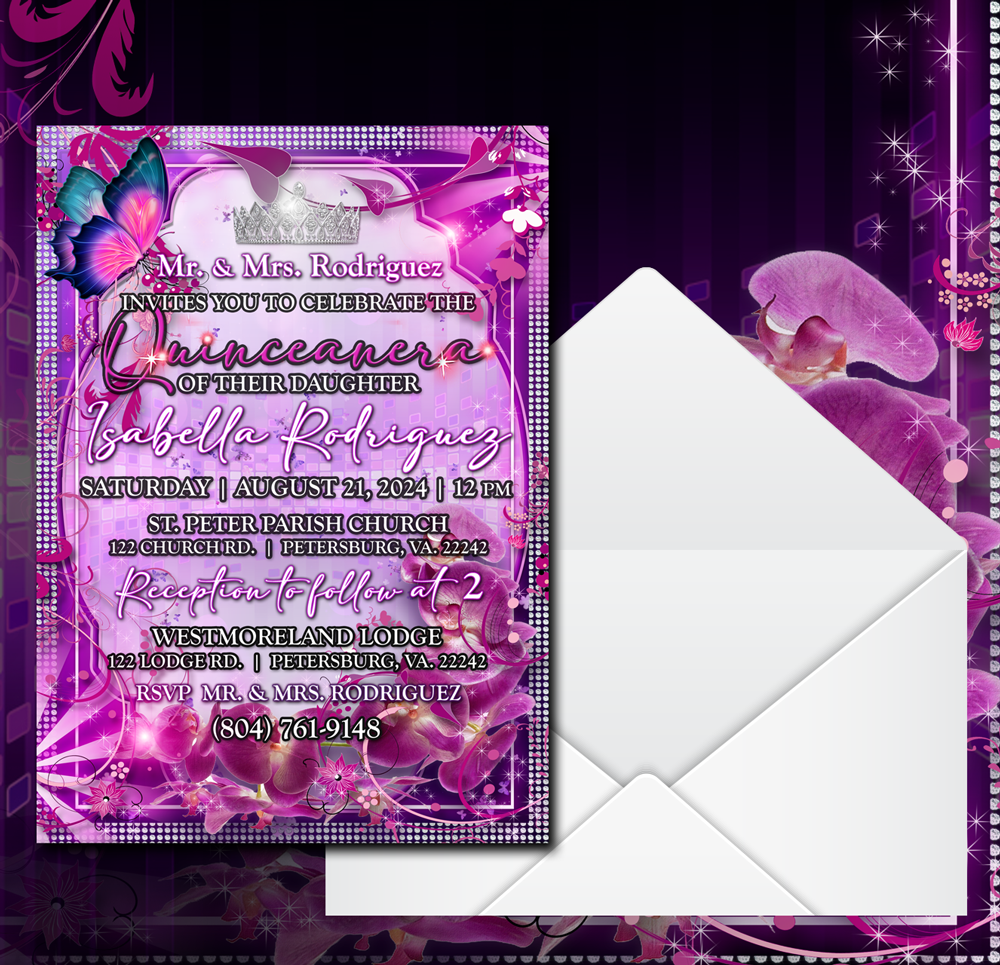 Purple Butterfly Elegant Quinceanera invitations, quince invitations, quiceañera invitations 5 in. x 7 in. Invitations with envelopes - Wilson Design Group