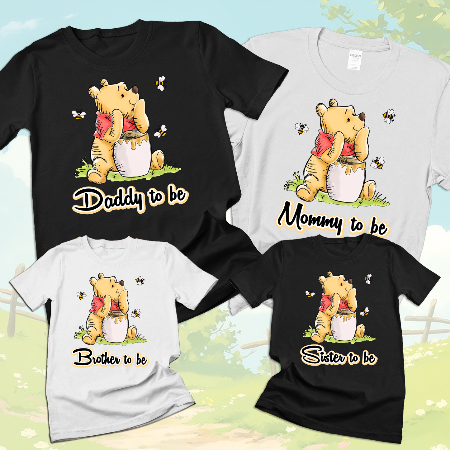 Winnie the Pooh Baby Shower Shirts | Classic Pooh Gender Reveal T-Shirts | Custom Family Matching Baby Shower Tees | Mom & Dad to Be Pooh Shirt