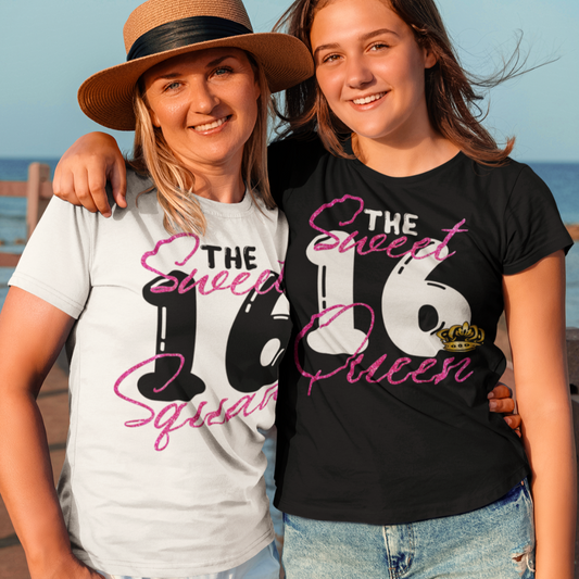 Sweet 16 shirt with pink glitter, sweet 16 t shirts for family - Wilson Design Group
