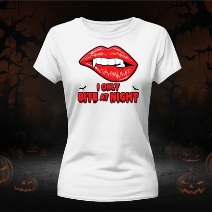 I only Bite at Night shirt, Halloween shirts women, sexy funny Vampire shirt