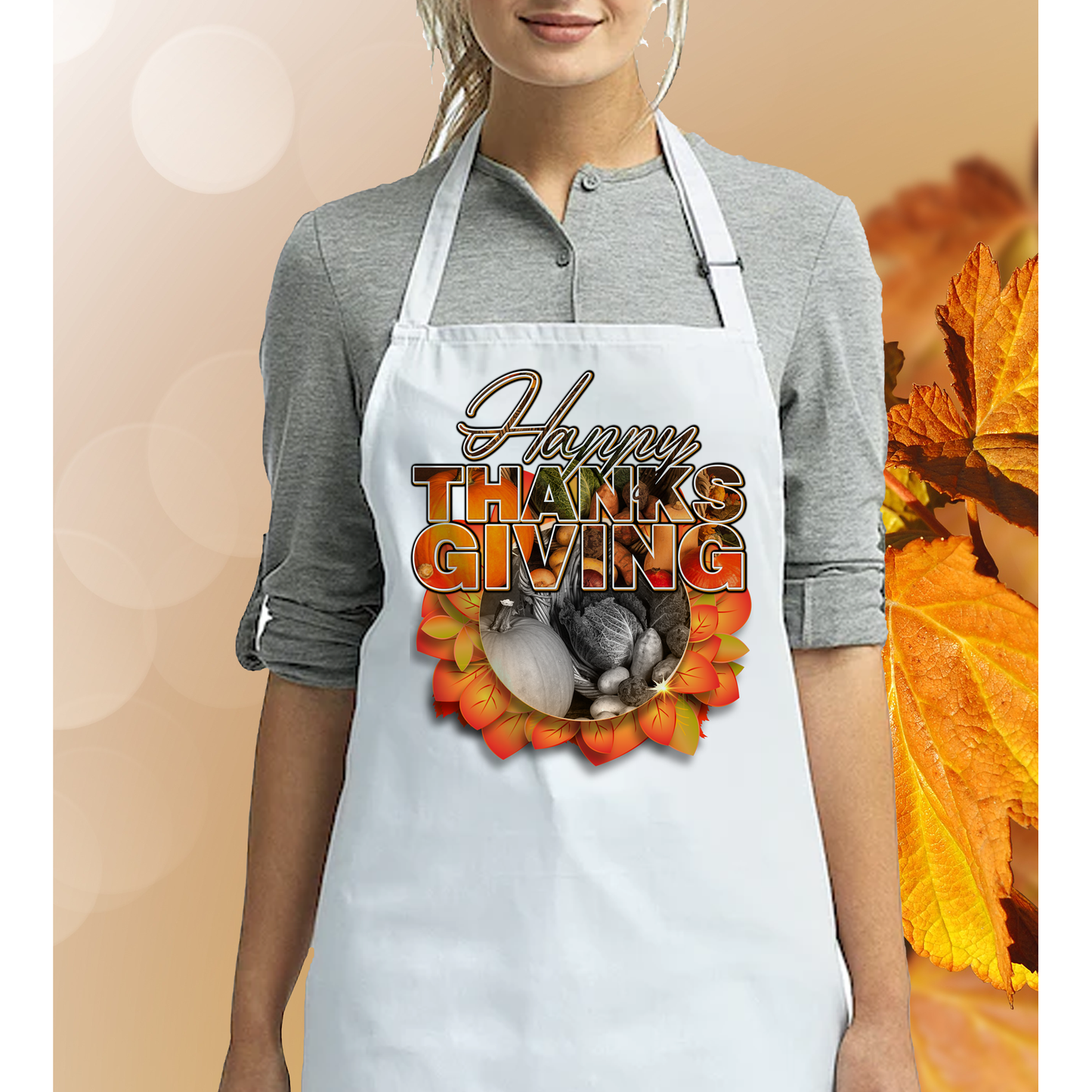 White Happy Thanksgiving Harvest Apron - Wilson Design Group