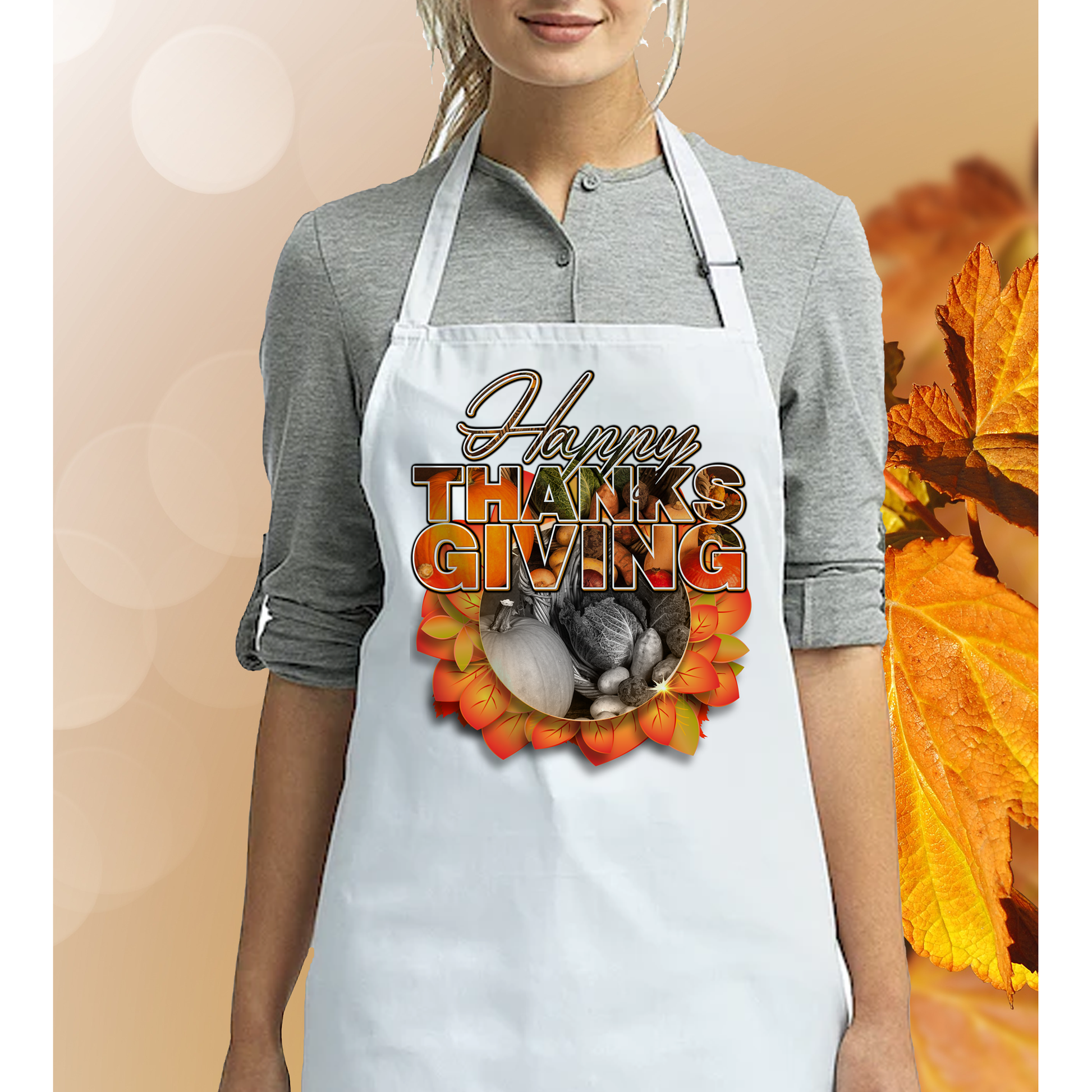 White Happy Thanksgiving Harvest Apron - Wilson Design Group