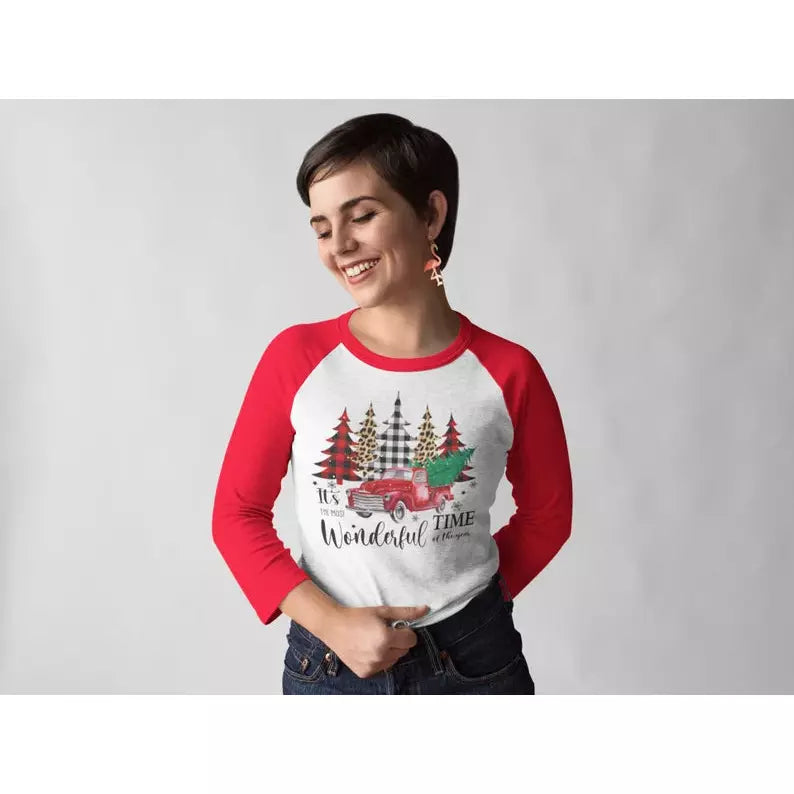 It's The Most Wonderful Time of The Year Flannel Red Truck Christmas Raglan Shirt - Wilson Design Group