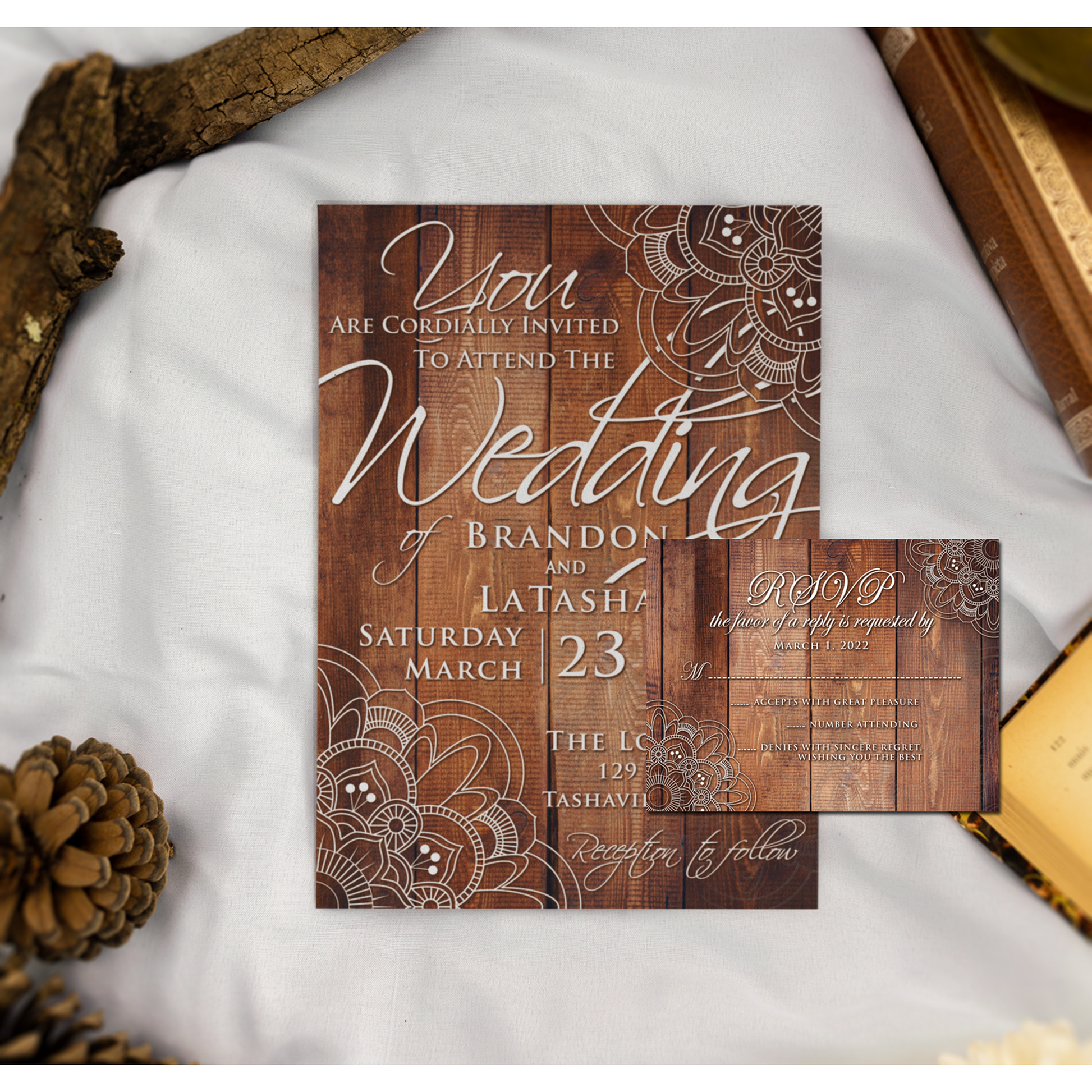 Custom Wood and Lace Wedding Invitation RSVP card set - Wilson Design Group