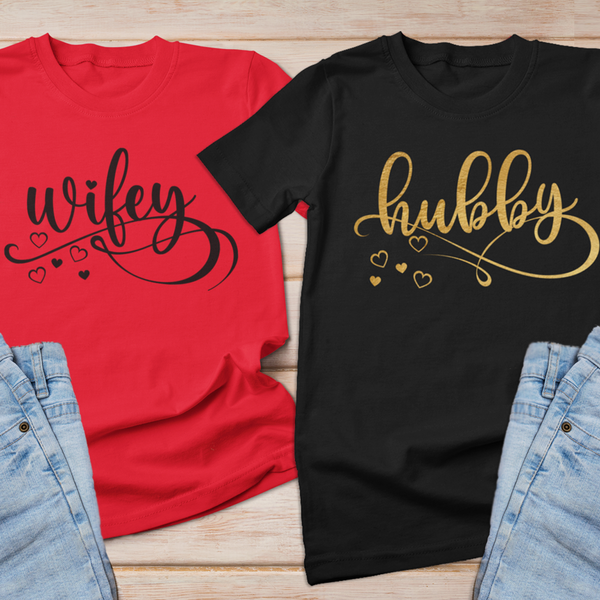 Hubby Wifey w/ Hearts Anniversary Shirts, couple clothes shirts, couple matching tops - Wilson Design Group