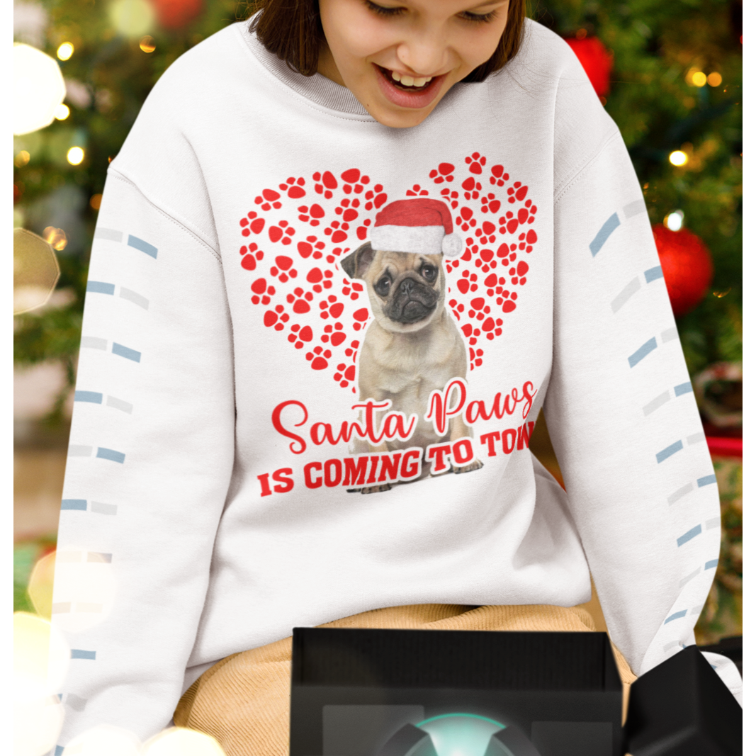 Pug Santa Paws is coming to Town sweatshirt - Wilson Design Group